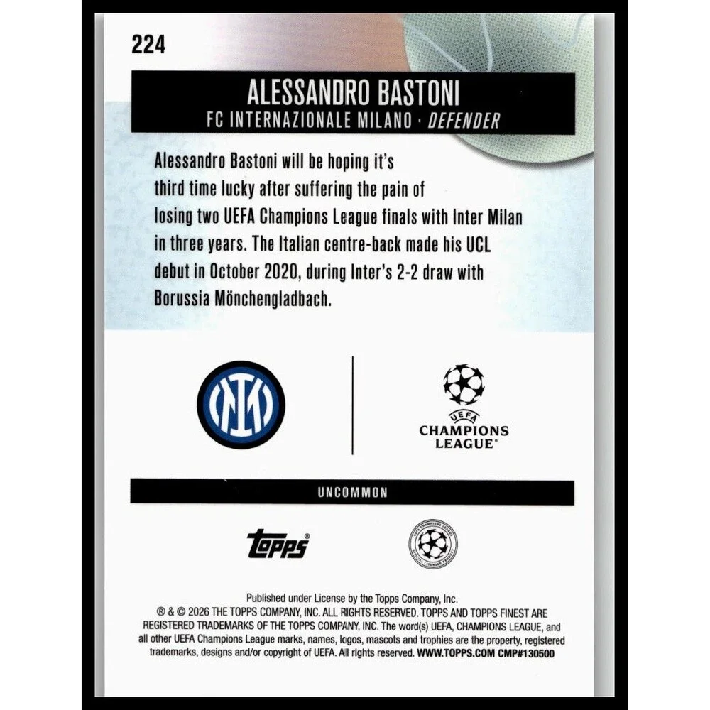 2025-26 Finest UEFA Alessandro Bastoni #224 Inter Milan Uncommon